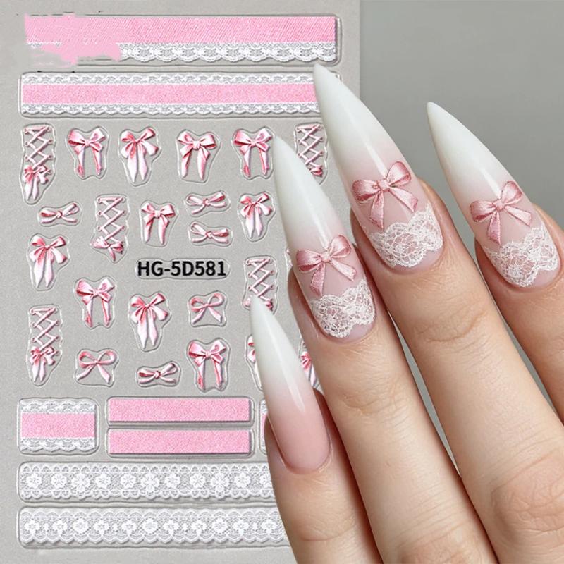 5D Ballet Bow Lace Embossing Self Adhesive Nail Art Stickers Shiny Charming Manicure Decals Nail Supplies