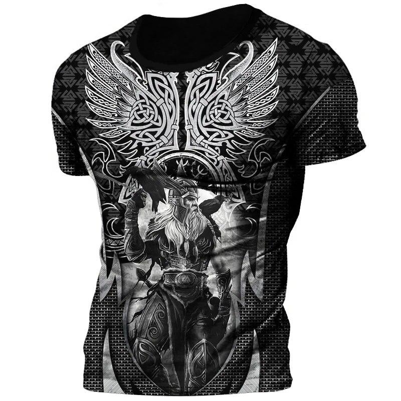Retro Viking Tattoo 3D Print Men's T-shirts Summer Viking Odin Crew Neck Loose Short Sleeve Casual Tops Tees Oversized T Shirts