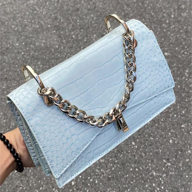 Hot Girl Blue Chain Handbag Women Faux Crocodile Pattern Square Large Capacity Shoulder Bags Ladies High End Y2k Crossbody Bag
