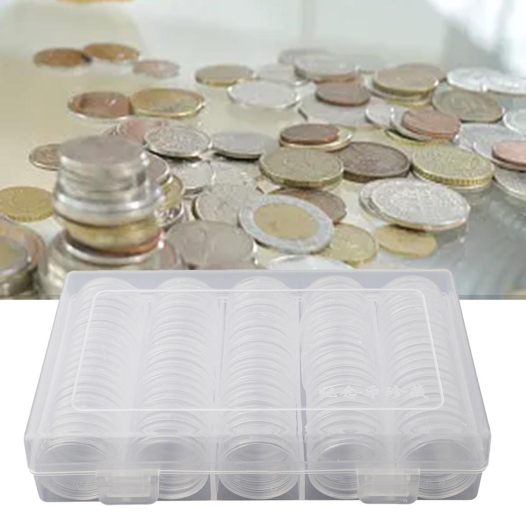 100Pcs Dia 27mm Round Cases Coin Storage Capsules + 1Pc Plastic Storage Box Organizer For Coin Collection Coin Case Organizer
