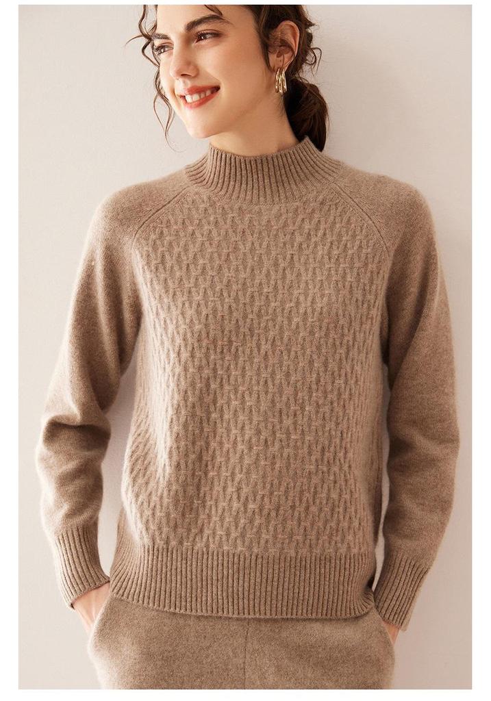Women's Cashmere Cable Knit Sweater - Loose Fit, Double-Strand, Half-High Collar, Solid Color, Short Style, Perfect for Autumn and Winter
