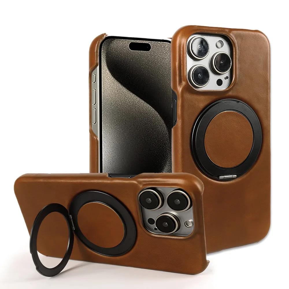 Luxury 360° Rotating Magnetic Holder Genuine Leather Case For 15 Pro Max 16Pro 14Pro 13 12 11 Magsafe Charging Back Cover
