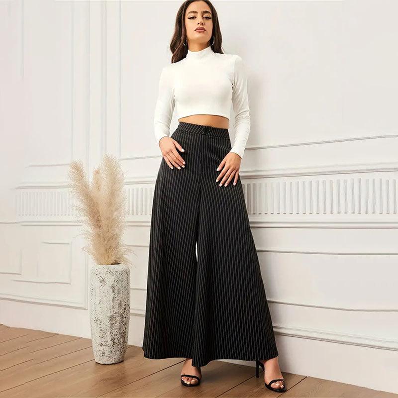 Dámské letní knoflíkové pruhované ležérní volné kalhoty s širokými nohavicemi