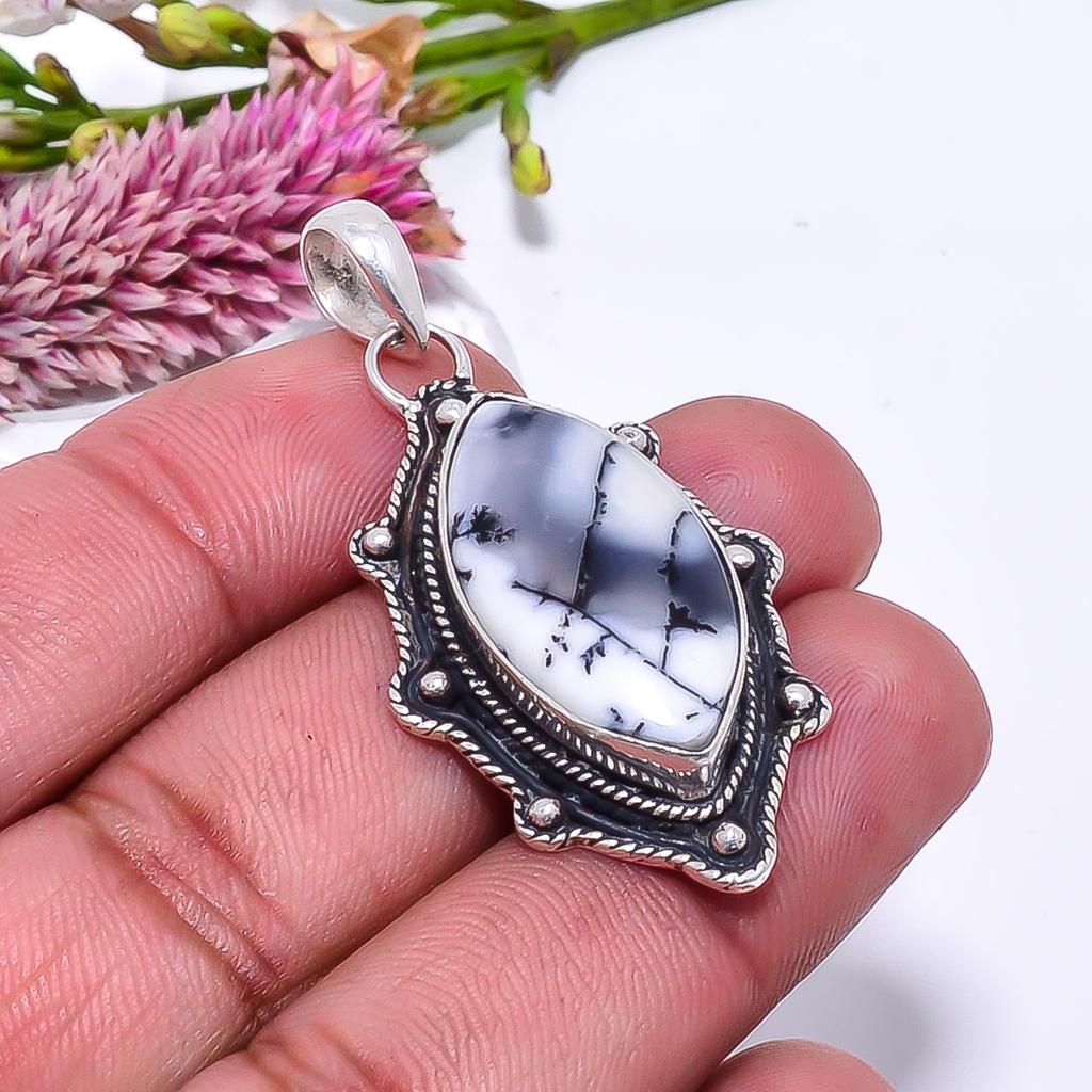 Dendritic Agate - Brazil 925 Sterling Silver Pendant V9063, White Pendant, Marquish Pendant, Valentin's Day Gift, Gift For Her, Birthday Gift, Handmad