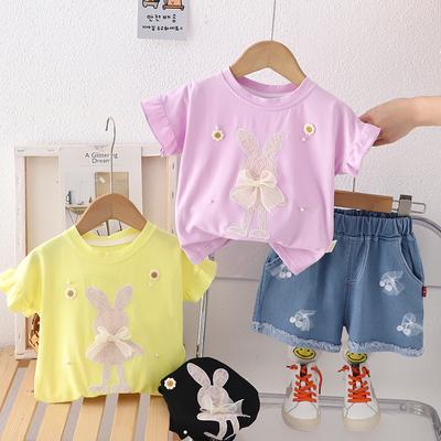 Completo estivo per bambina T-shirt a maniche corte per neonati + pantaloncini di jeans Set da 2 pezzi Abbigliamento per bambini alla moda per 1-5 anni