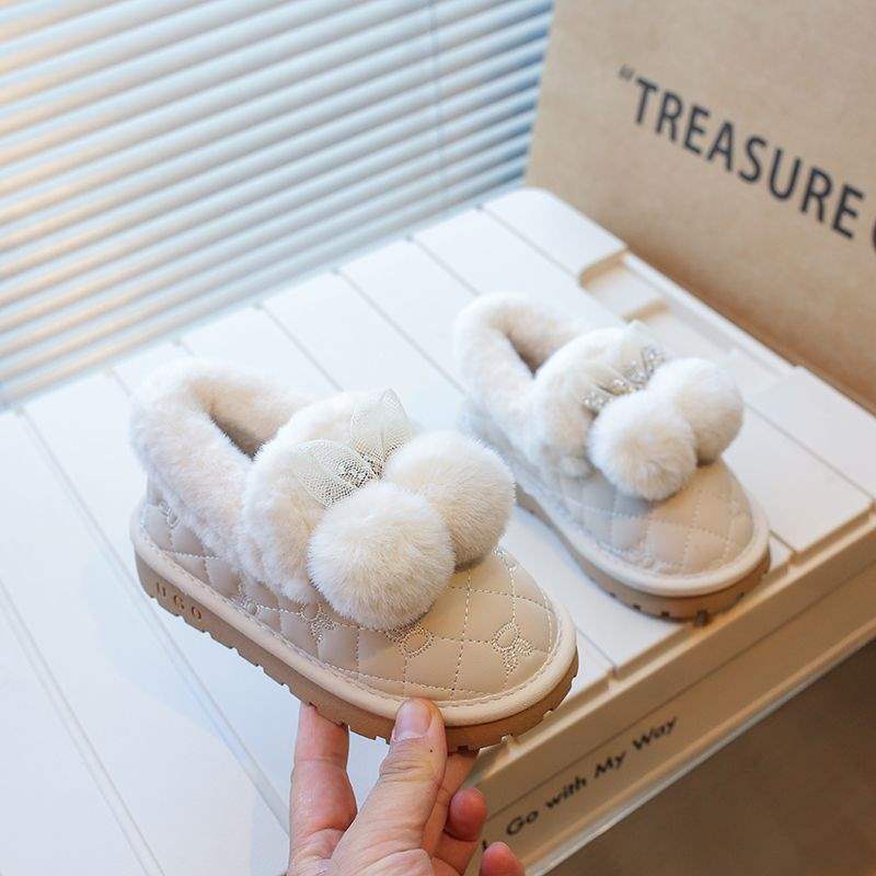 Girls Hairball Snow Boots 2025 Winter New Fluffy Plush Thickened Warm Non-slip Cotton Shoes Student Two Cotton Shoes