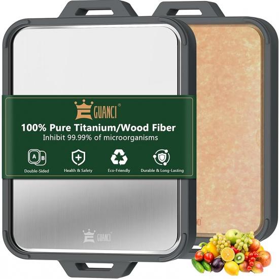

Titanium Cutting Board for Kitchen, Double Sided Pure Titanium and Wood Fiber Cutting Board with Juice Groove, Food Grade Material, for Chopping темно-серого