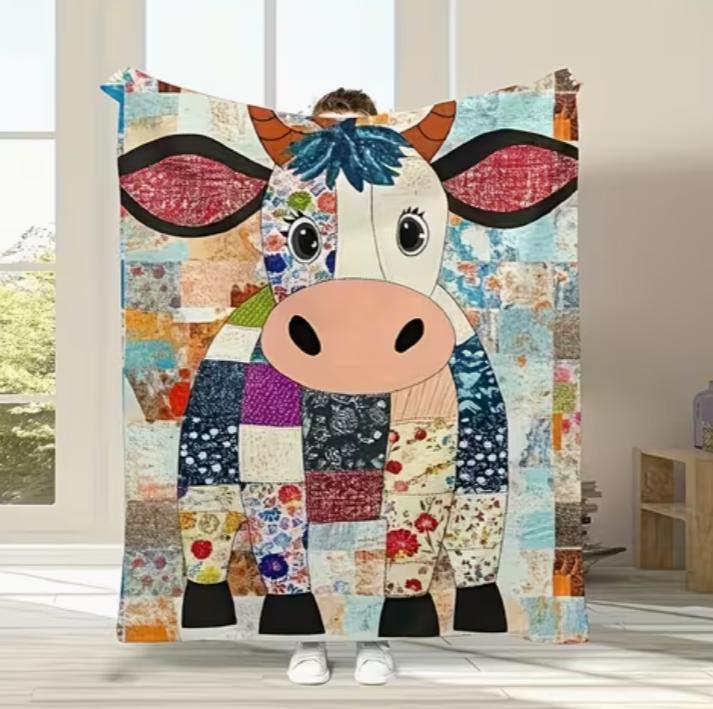 Highland Cow with Purple Bow Blanket- Lightweight Flannel Throw for Sofa, Outdoor, Camping, Livingroom, Office, Chair, and Bed