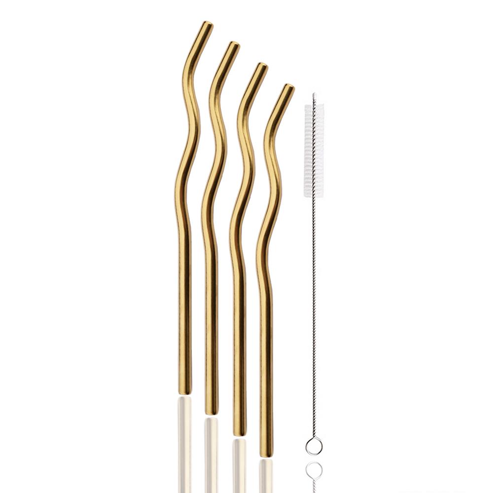 8*235mm Wave Reusable Coloful Straw Set 304 Stainless Steel Straw Bent Drinking Straw With Cleaning Brush Home Bar Accessory