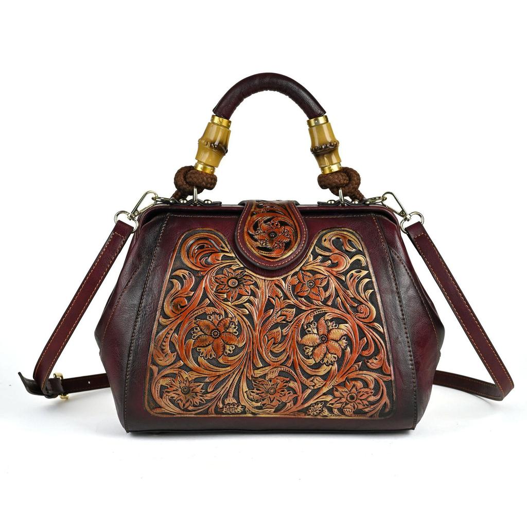 Johnature Luxury Handbag Vintage Handmade Leather Carved Women Bag Versatile Female Shoulder & Crossbody Bags