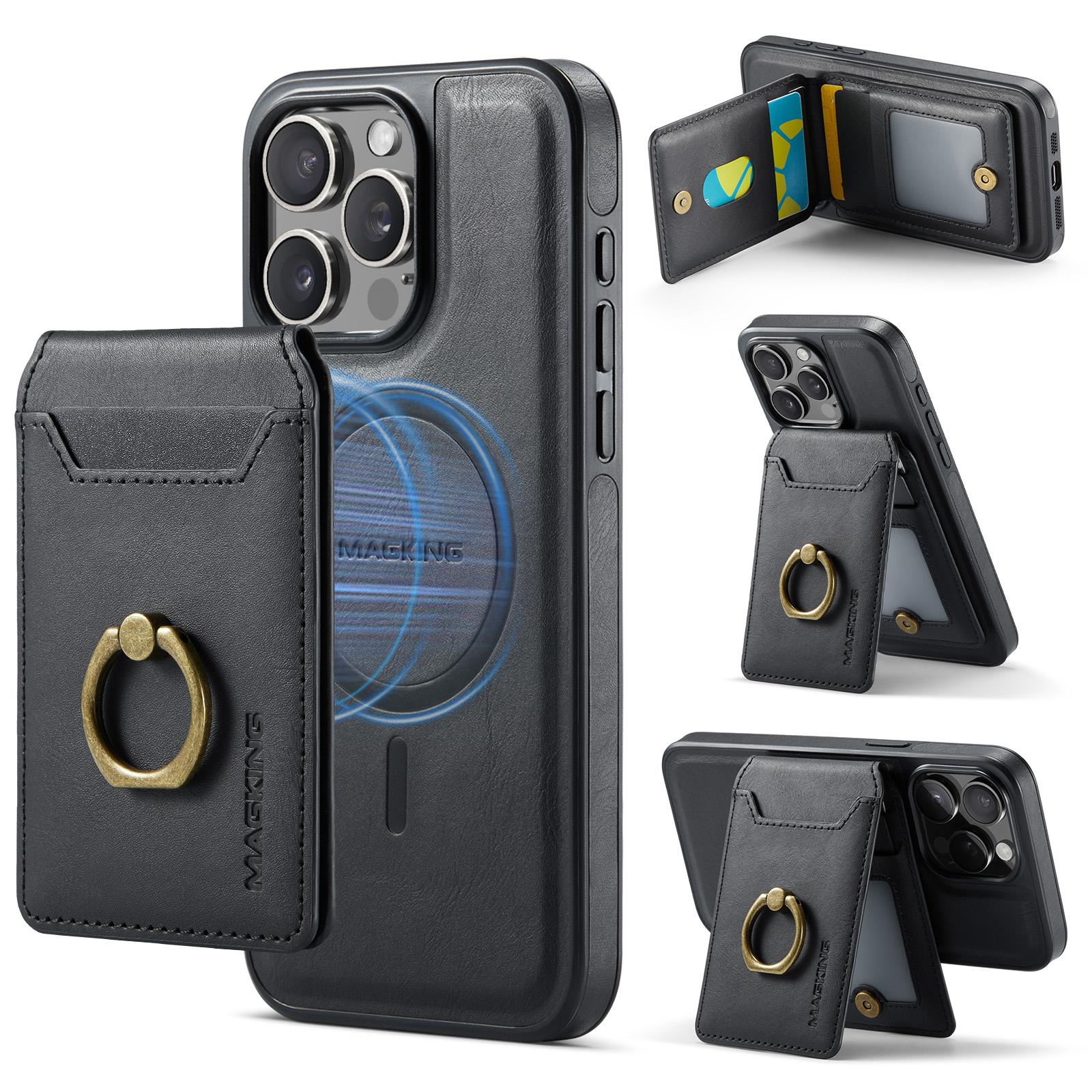 

MAGKING K1 Series For iPhone 16 Pro Max Magnetic Case PC+TPU+PU Phone Cover with Card Holder Kickstand Black