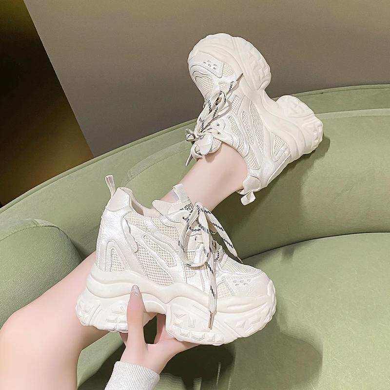 Fashion 12CM New 2025 Autumn Breathable Women Chunky Sneakers Lace-up Wedges Mesh Shoes Thick Soles Trainers High Platform Casual Shoes