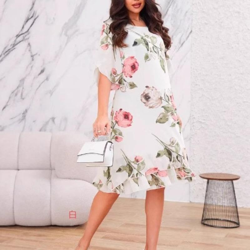 Women Loose Round Neck Fashion Pearl Chiffon Print Dress Lightweight Breathable Elegant Versatile
