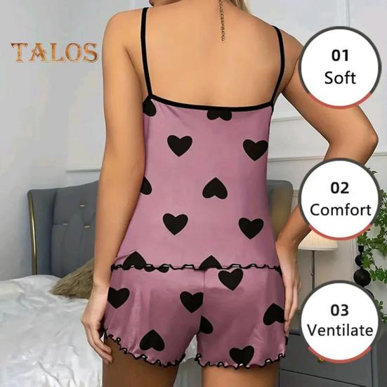 Women's Cami Pajama Set Sleeveless Heart Print Tank Top And Ruffle Shorts Sleepwear Set Summer Two Piece Loungewear Suit