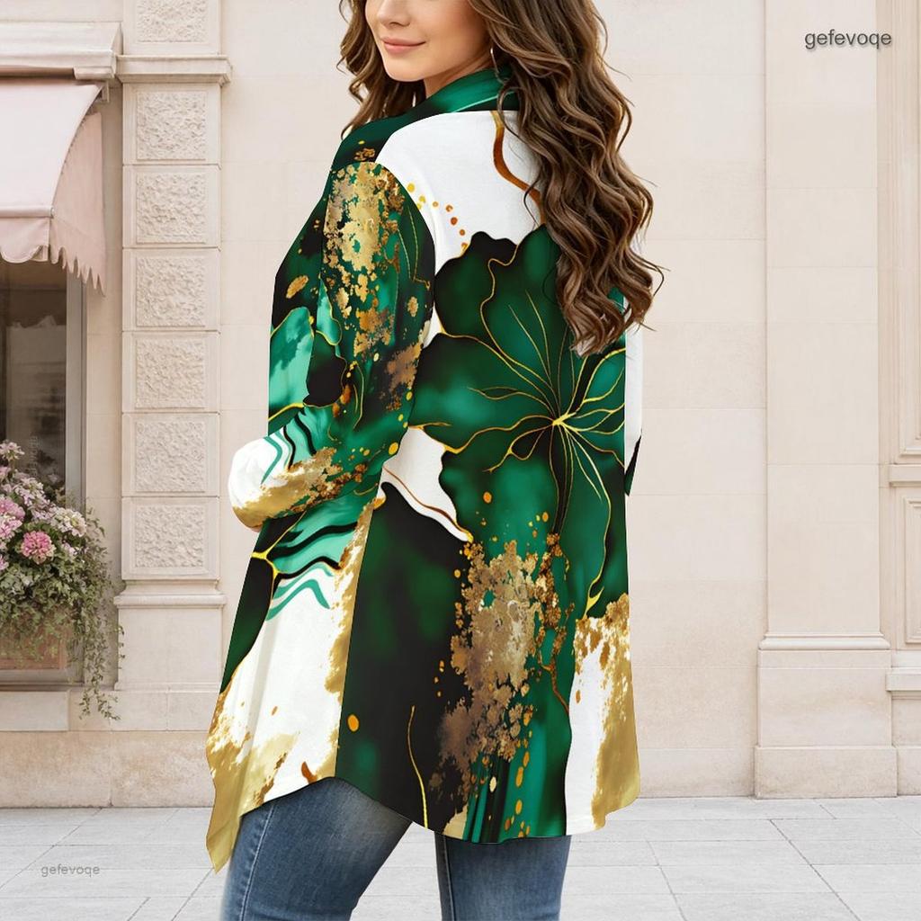 Women Plus Size Long Sleeve Open Front Draped Collar Curved Hem Printed Cardigan Green White Gold