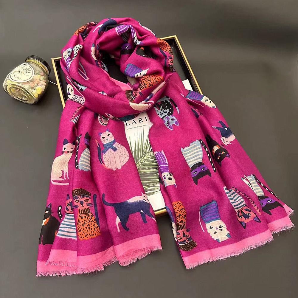 Lovely Animal Cartoon Cute Cat Pattern Fringe Viscose Scarf Lady Girls Print Soft Shawls and Wraps Pashmina Muslim Hijab Sjaal