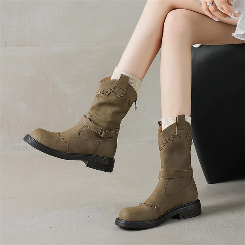Moda Outono Inverno Couro Dividido Botas Femininas Moda Rebite Bico Redondo Sapatos para Mulheres Botins Mulher Salto Baixo Botas Western