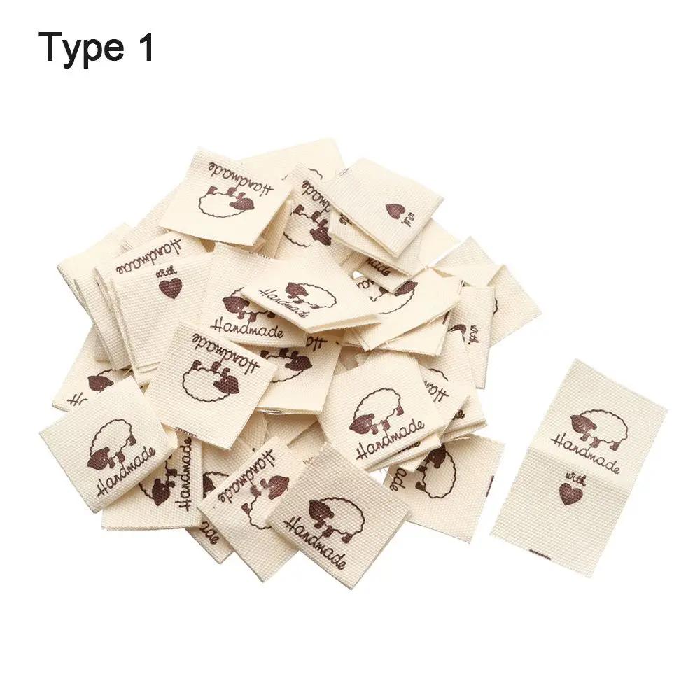 50PCS Heart Shape Cloth Garment Labels Cartoon Pattern Handmade With Love Clothing Tags Woven Knitted Supplies Sewing Accessory