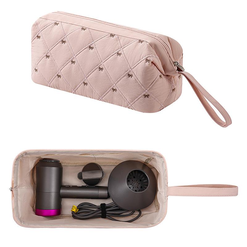 Hair Dryer Storage Bag For Travel Cute Bow Embroidery Quilted Hair Tools Waterproof Zipper Cosmetic Bags