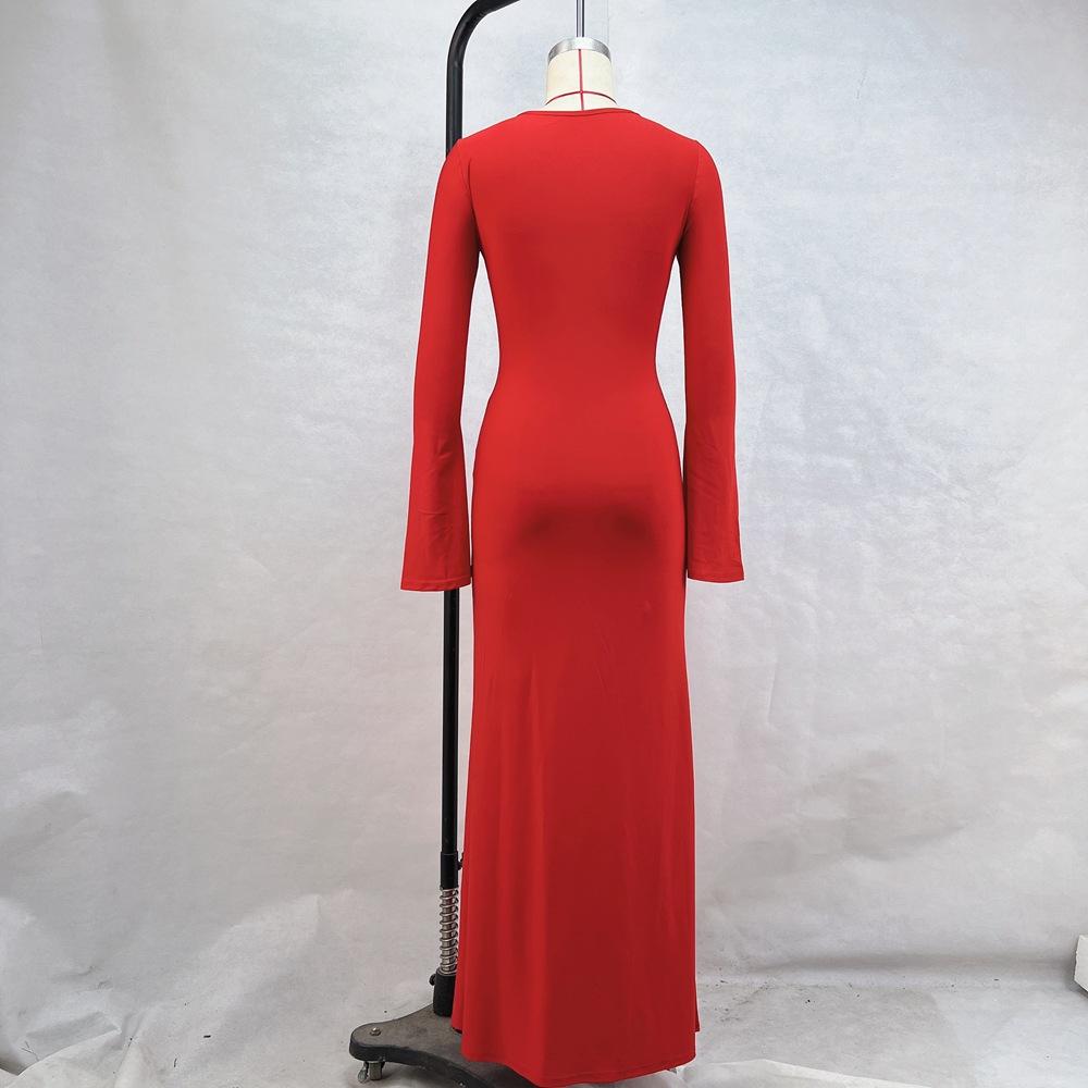 Damen Herbst und Winter Schlankes Temperament Langarm Split Sexy Lange Kleider