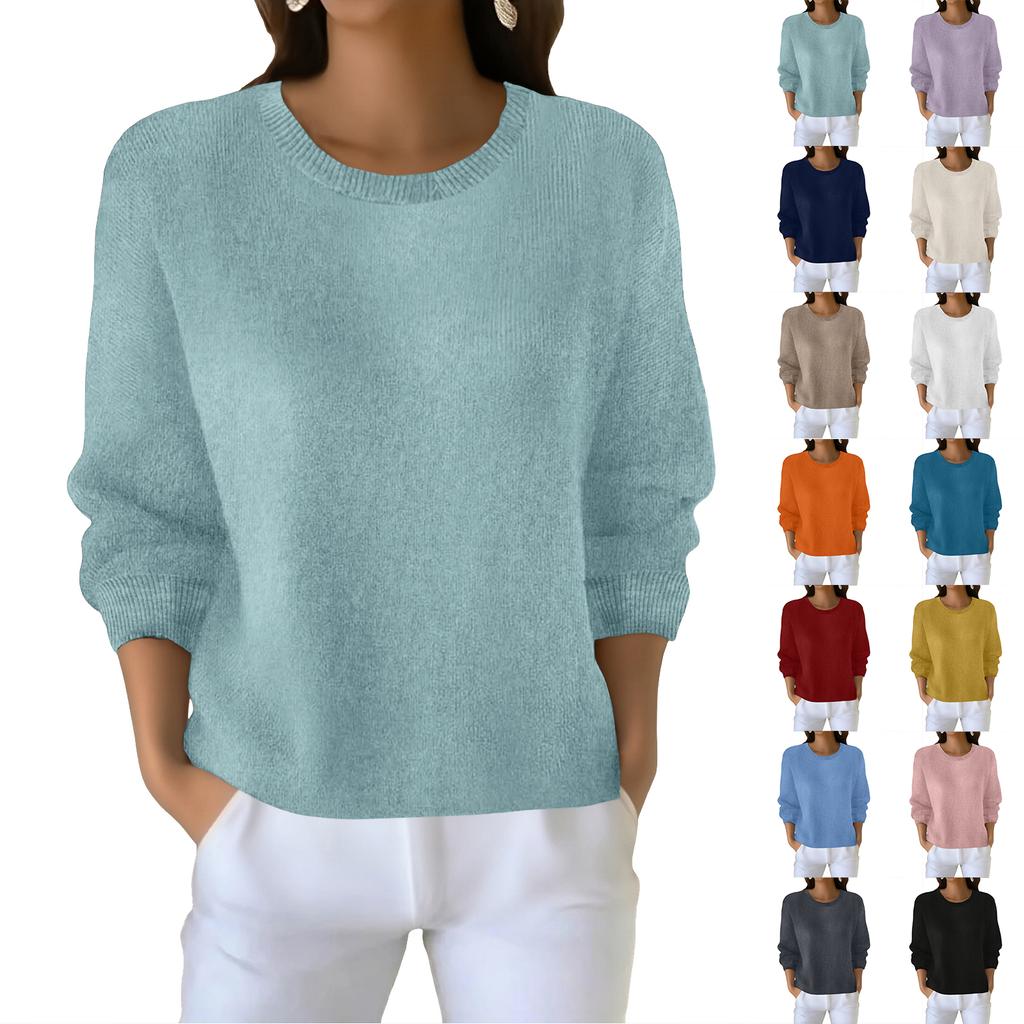 Women's Fashionable Casual Knitted Top Loose-Fit Solid-Colour Long-Sleeved Jumper