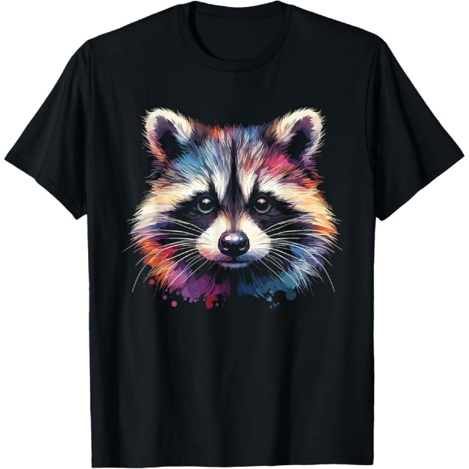 Raccoon Watercolor Art Colorful Wildlife Illustration T-Shirt S