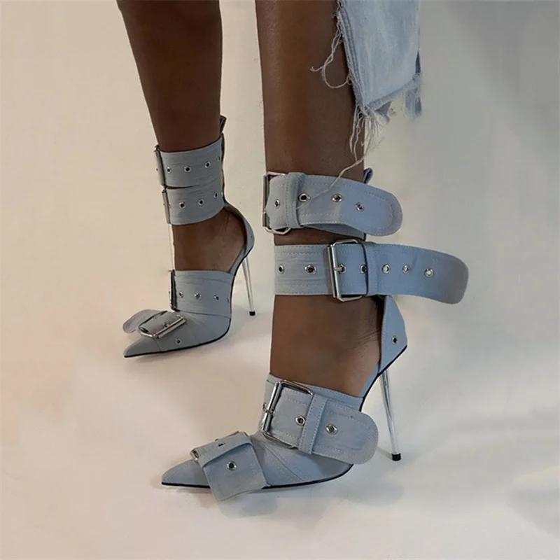 Fashion New Women Denim Metal Rivet Buckle Sandals Women Sexy Punk Style Pointed Hollow Metal 11cm High Heel Knee High Boots Size34-43