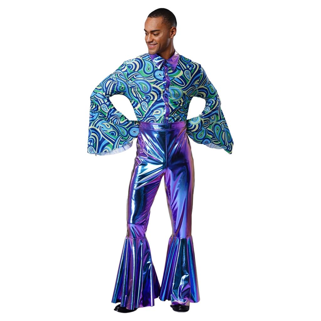 Mens Metallic Bell Bottom Disco Jumpsuit Turn Down Collar Flared Sleeves Printed Bodice Bodysuit Party Costume