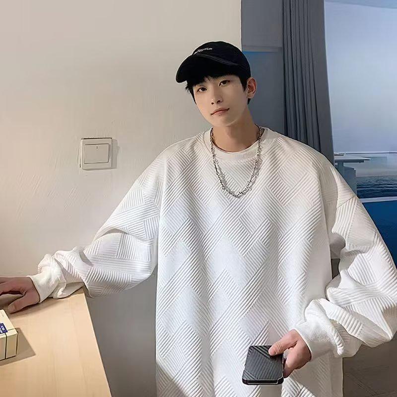 Men's Heavy Waffle Round Neck Sweatshirt - Trendy Long-Sleeve, Loose-Fit for Spring and Autumn