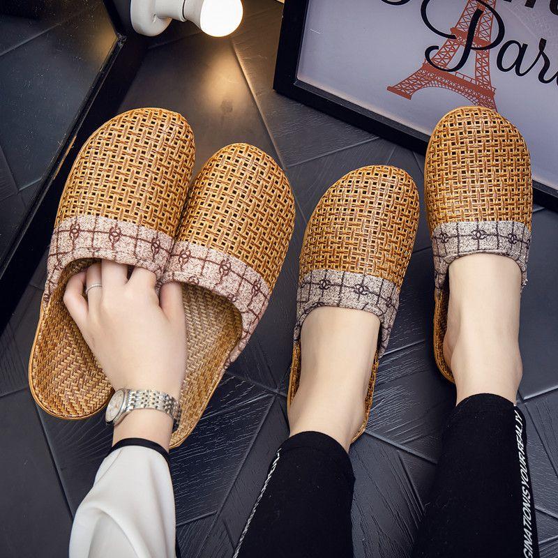 Spring Autumn Vine Grass Woven Breathable Stylish Unisex Summer Flat Comfortable Home Couple Closed-Toe Slippers