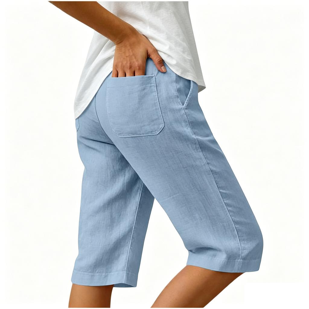 Women's Summer Fashion Elastic Waist Cotton Linen Five Quarter Pants Casual Loose Pocket Shorts