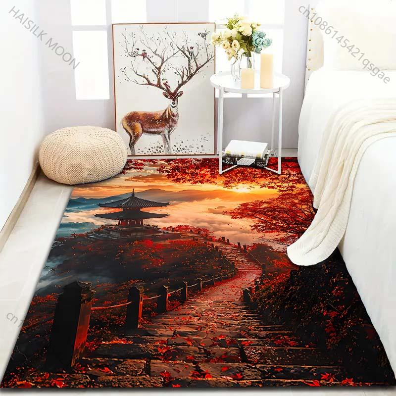 1PC Autumn Temple In Red Leaves Carpet for Living Room Bedroom Sofa Home Decor Rus Non-slip Floor Mat Luxury Gift