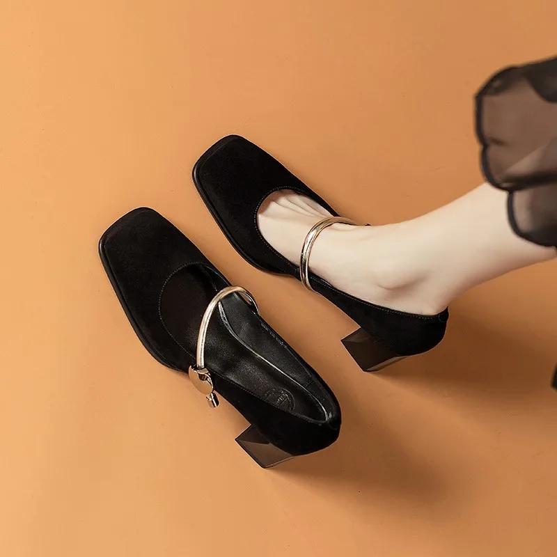 New Retro Square Toe High Heels With Metal Strap; Shallow Mouth Velvet Thick Heel Versatile Single Shoes For Skirts Heels Women