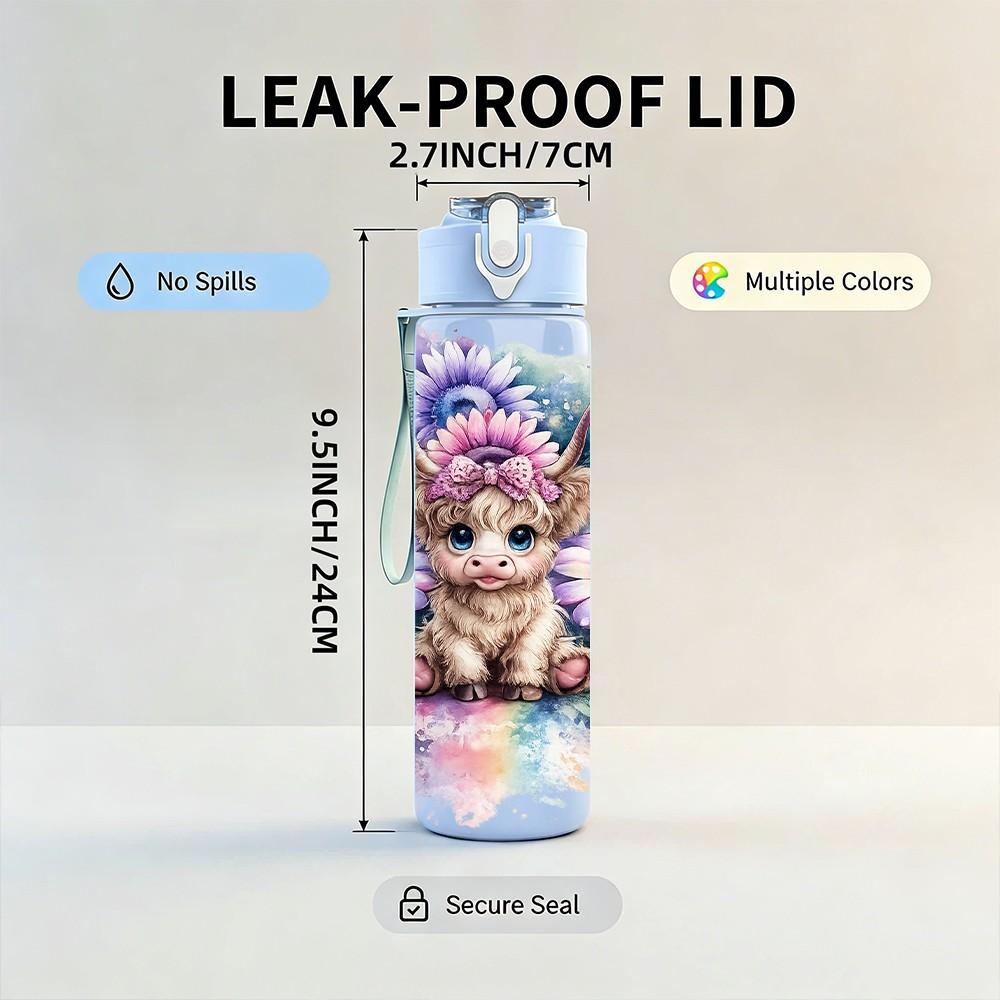 1PC Puppy Dog Mixed Flower Print 750ml Color Plastic Sports Water Bottle Leakproof Flip Straw Lid Suitable for Sports Office Home Use