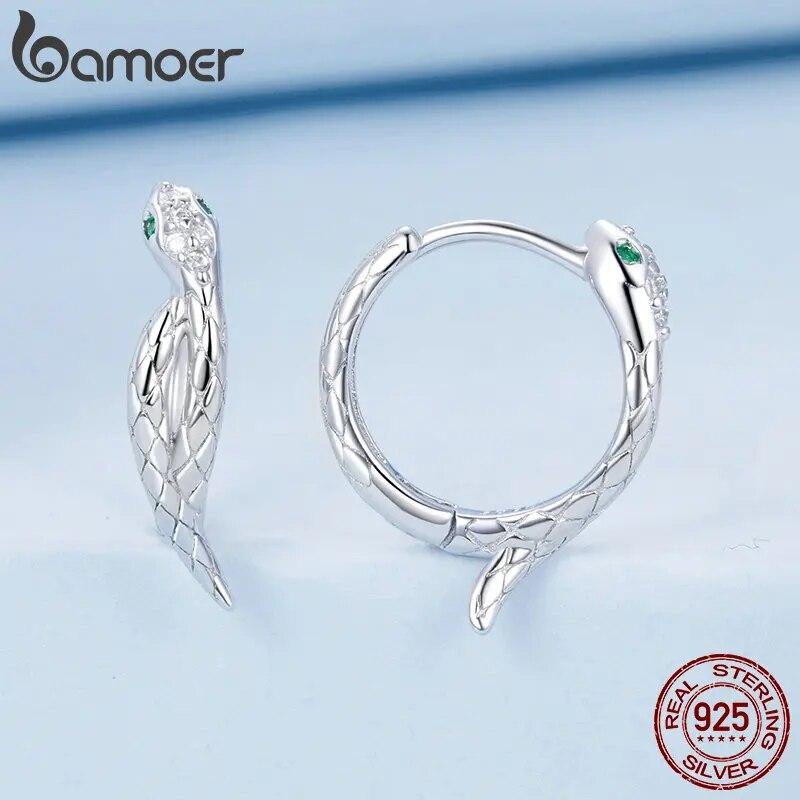 Bamoer 925 Sterling Silver Snake Hoop Earrings for Women Green Zircon Eyes Lightweight Ear Buckles Statement Fine Jewelry