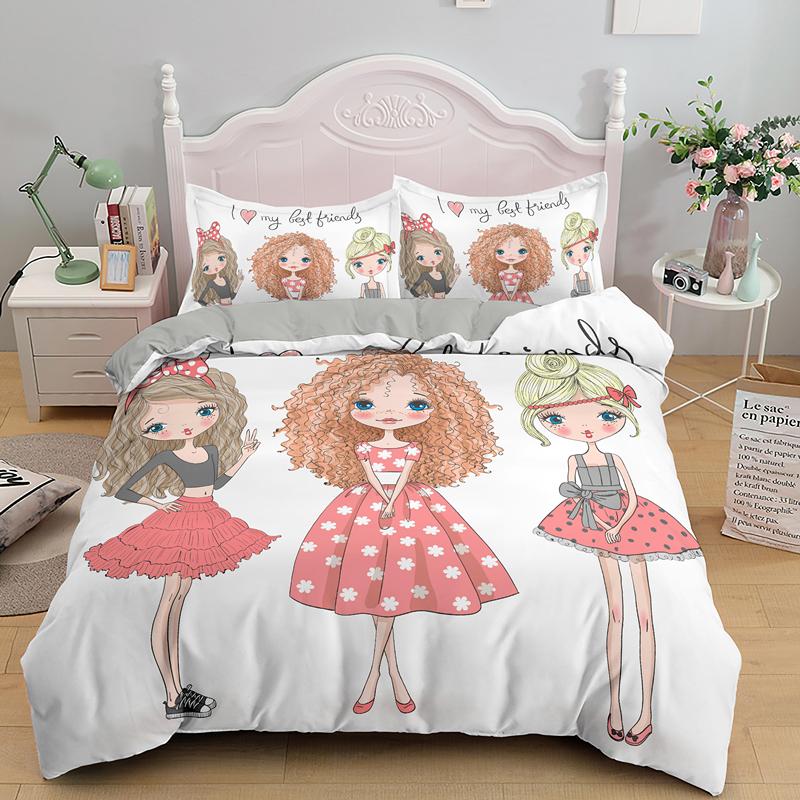 Cartoon Lovely Girls King Queen Duvet Cover Cute Little Girl Pattern Bedding Set Kids Pink Pretty 2/3pcs Polyester Quilt Cover