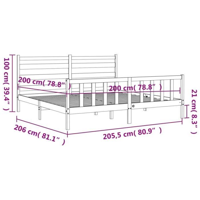 VidaXL Cadre de lit avec tête de lit gris 200x200 cm bois massif 3192058