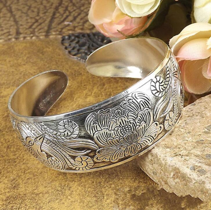 Ancient Silver Tibetan Decoration Engraved Opening Bracelet, Ethnic Style Retro Wide Bracelet, Bracelet