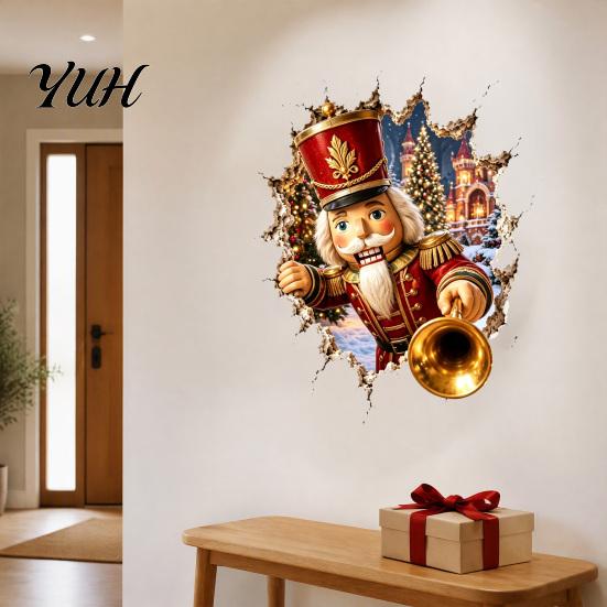 Holiday Wall Stickers Christmas Break-In 3D Decal, Santa Claus/Deer/Snowman/Elf/Dog/Nutcracker/Gingerbread Man Patterns Window Festive Home Decoration