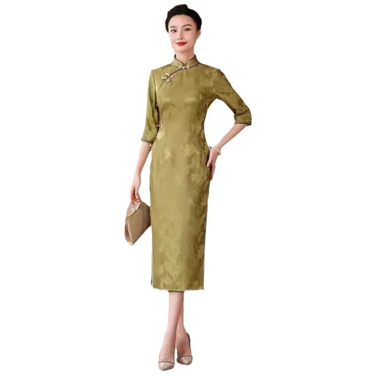 High-end silk cheongsam 1011 new spring and autumn women's seven-quarter-sleeved interwoven mulberry silk cheongsam dress elegant temperament