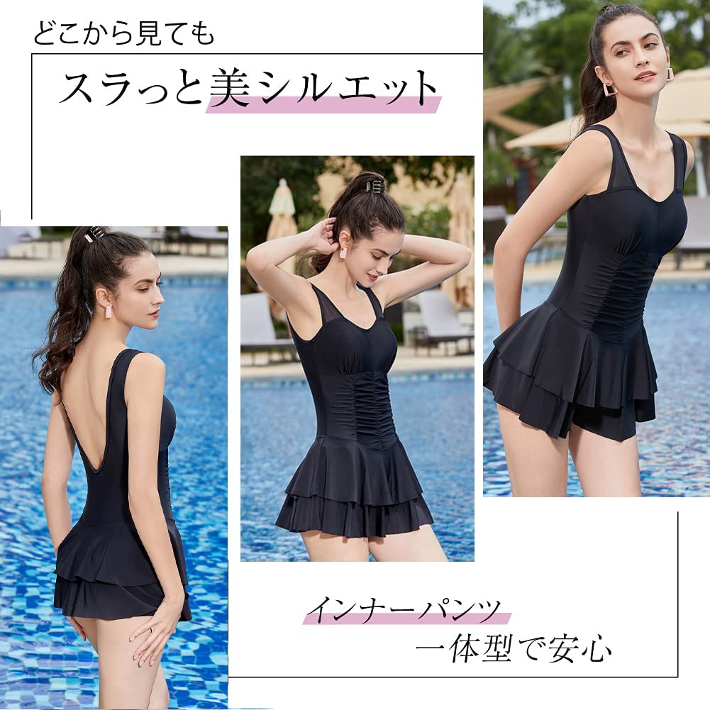 OLATONG Damen One-Piece Rash Guard Badeanzug, Figurschmeichelnd, Große Größen, Perfekt für Strand, Amphibisch, Schnelltrocknend, Niedlich und Stilvoll (M, Schwarz)