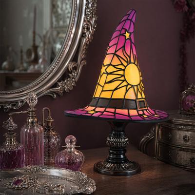 Stained Glass Witch Hat Lamp, USB Powered Night Light for Bedroom Shelf Decor, Halloween Warm Glow Gothic Table Lamp for Home Office