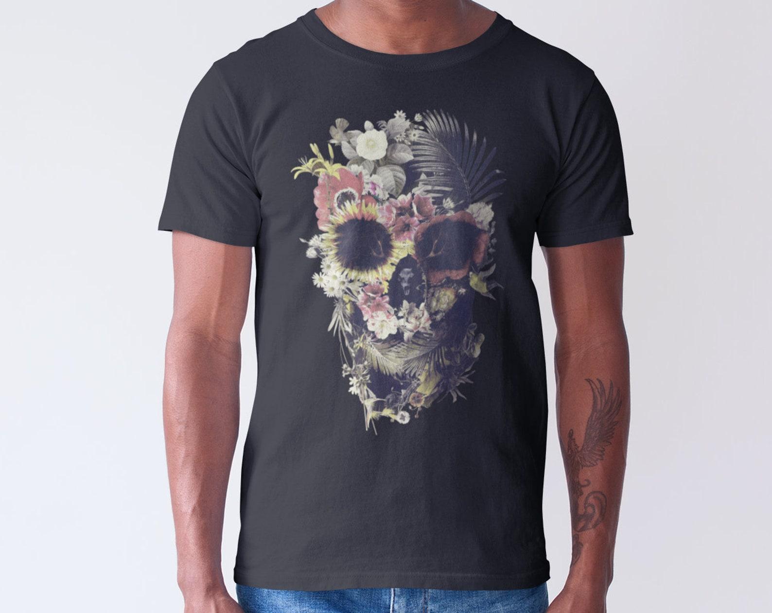 Gothic Floral Skull T-shirt: Men s Graphic Tee, Bella Canvas S