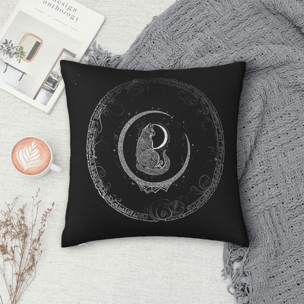 Black Cat Crescent Moon Square Pillowcase Polyester Linen Velvet Printed Zip Decorative Throw Pillow Case Room Cushion Cover