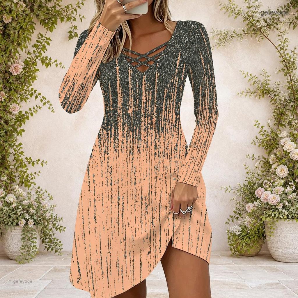 Women Long Sleeve Criss Cross V Neck Abstract Printed Blue Pink White Irregular Hem Dress