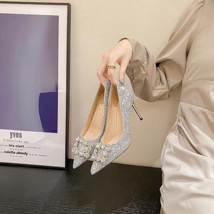 Spring new sequins sexy thin heel rhinestone square buckle dinner single shoes women's pointed head light mouth black high heels