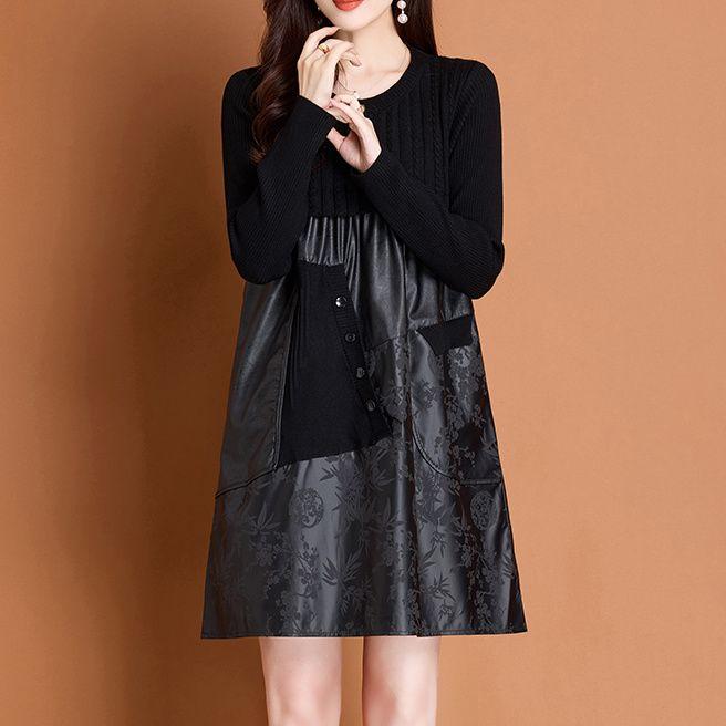 Autumn Winter Women's Sweater Dress Knitted Patchwork PU Leather A-Line Dress Plus Size Knitted Dress