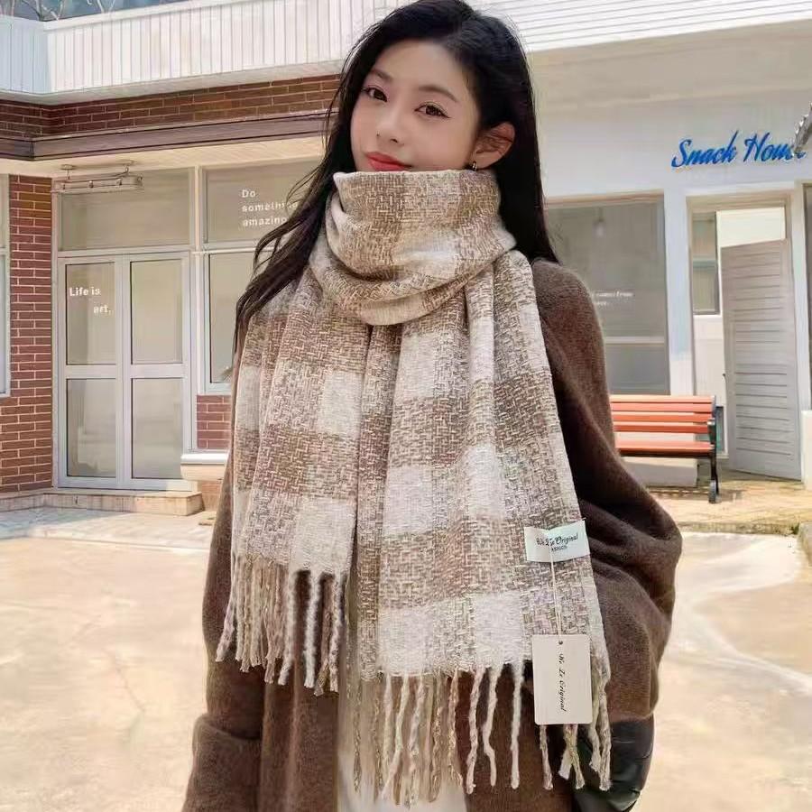 New Maillard Imitation Cashmere Plaid Shawl for Women Autumn and Winter Scarf Korean Style Atmosphere Thickened Warm Scarf