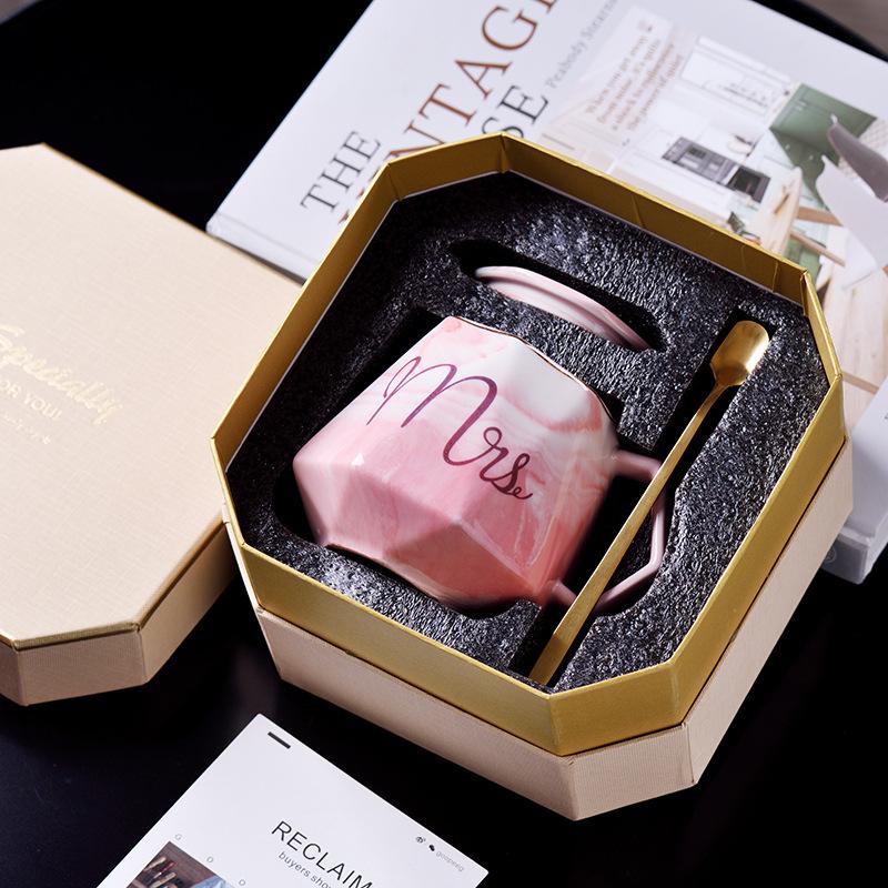 Kubek ceramiczny marmurkowy diamentowy kubek do kawy z pokrywką łyżeczką pudełko prezentowe