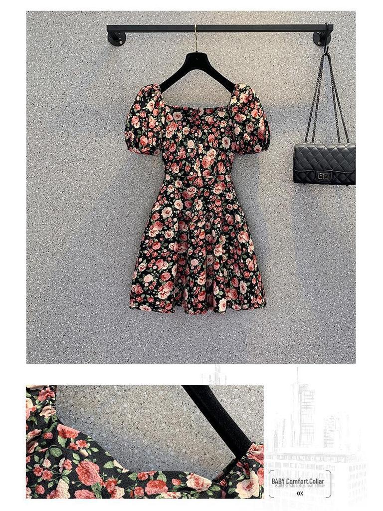 2023 Plus Size French Floral Puff Sleeve Dress: Slimming, Square Neck Summer Style